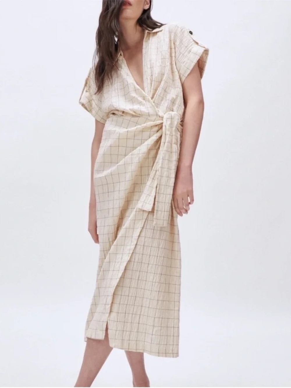 Zara cream check print knotted wrap dress